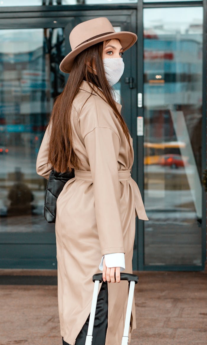 A fashionable woman in a trench coat and hat stands with luggage outside a building.